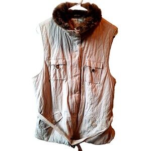 Orvis Vest Women's Large Tan Faux Fur Collar and Belt. Full Zip Shearling Lined.